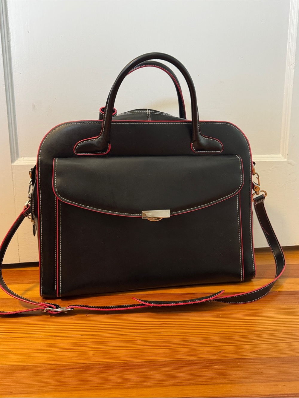 Vintage McKlein Black Leather laptop bag with Red Trim
